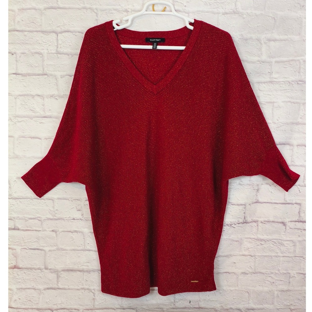 Ellen Tracy Womens Red Metallic Knit V-Neck Dolman Sleeve Sweater 3X Holiday